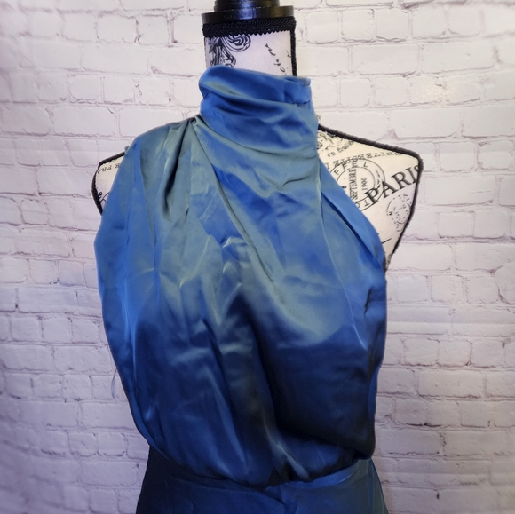 Lulus Dress Womens Small Slate Blue Distinctive Charm Satin Asymmetrical Maxi - Picture 4 of 11